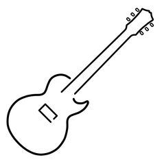 a black and white drawing of a guitar on a white background, with the strings down