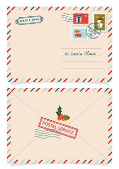 two envelopes with christmas stamps on them and the words postal service written in red