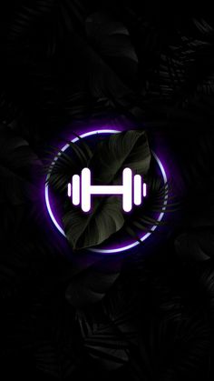 a purple and black wallpaper with a dumbble barbell in the center, surrounded by leaves