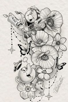 an artistic tattoo design with flowers, butterflies and a teddy bear in the middle of it