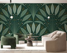 a living room with green wallpaper and chairs