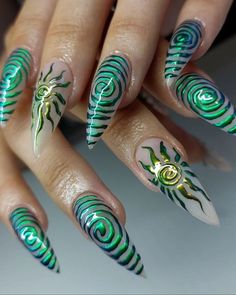 Trippy French Tip Nails, Simple Hippie Nails, Princess Mononoke Nails, Chrome Art Nails, Electric Forest Nails, White Acrylic Designs, Nails Design 2024, Alcohol Nails, Nature Inspired Nails