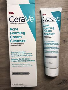 CeraVe Acne Foaming Cream Cleanser | 4% Benzoyl Peroxideto Acne Treatment 5 fl.oz New with Box [ ACNE FACE WASH WITH BENZOYL PEROXIDE ] Helps clear pimples, whiteheads, and blackheads from skin's surface and helps prevent new acne from forming [ TRANSFORMING TEXTURE ] Unique cream-to-foam formula works to gently remove dirt, excess oil, and makeup from skin's surface without leaving skin feeling stripped of moisture [ HYDRATED SKIN ] Hyaluronic Acid helps to retain skin's natural moisture while Acne Foaming Cream Cleanser, Clear Pimples, Remedies For Acne, How To Clear Pimples, Forehead Acne, Acne Face, Acne Face Wash, Natural Acne Remedies, Home Remedies For Acne