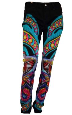 Manish AroraNotify Multicolor Printed Pants - Runway Catalog Multicolor Fitted Straight Leg Jeans, Multicolor Stretch Straight Leg Pants, Chevron Outfit, Chevron Jewelry, Manish Arora, Gucci Shop, Shoes Flats Sandals, Luxury Women Fashion, Printed Trousers