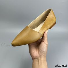 Olivia Mark - Top Grain Leather Pointed Toe Low Heel Vintage Shoes - All Leather Comfortable Grandmother Shoes with Small Pointed Toe Casual Pointed Toe Leather Shoes With Leather Lining, Casual Leather Shoes With Pointed Toe, Gold Pointed Toe Leather Loafers, Yellow Leather Flats With Almond Toe, Yellow Leather Almond Toe Flats, Yellow Leather Flats, Beige Leather Pointed Toe Flats With Leather Sole, Yellow Leather Slip-on Flats, Gold Leather Flats For Fall