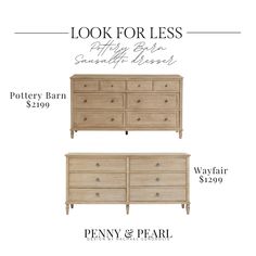 two dressers are shown with the price label for each item in front of them