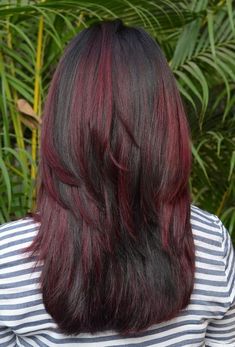 Long Black Hair With Red Underneath, Black Hair With Red Ends, Halo Hair Color, Red Halo Hair, Black And Red Hair, Pelo Color Vino, Tomboy Haircut, Hair Stripes, Highlight Hair