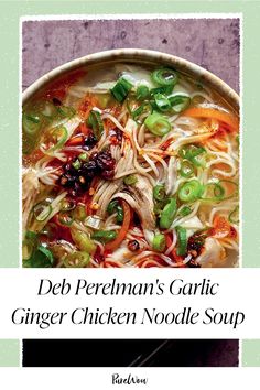 the cover of deb perham's garlic ginger chicken noodle soup