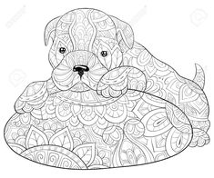 an adult coloring book page with a dog sitting on it's stomach and looking at the