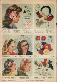 1940s hair flowers, veils, headbands, hair clips and hair combs designed for teenagers although women could have worn these as well. 1940s Fashion Accessories, 1940s Hair Accessories, Retro Hair Accessories, 1940s Accessories, 40s Hair, Cabelo Pin Up, 1940s Hair, Ladies Hats