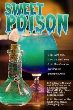 a blue and green drink in a flask next to a sign that says sweet potison