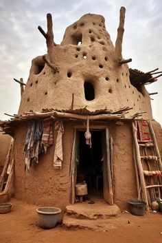 a mud hut with ladders to the roof