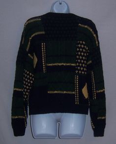 "Vintage Herman Geist navy blue, hunter or pine green and yellow patchwork pattern cotton cardigan sweater. Good pre-owned condition. No holes, snags, fading, rips, tears, etc. Women's size SMALL or S. 55% linen, 45% cotton. Measurements: bust-46\", length-24\". Button front." Retro Green Patchwork Sweater, Green Cotton Patchwork Sweater, Green Patchwork Sweater For Fall, Dirndl Skirt, Womens Sweaters, Embroidered Cardigan, Cardigan Sweater Jacket, Patchwork Patterns, Pine Green