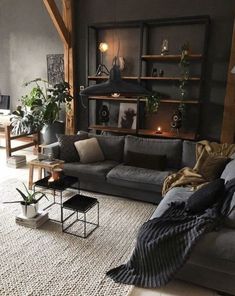 a living room filled with lots of furniture and plants on top of it's shelves