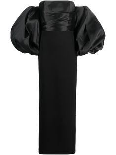 black gathered detailing off-shoulder concealed rear zip fastening long puff sleeves elasticated cuffs rear slit floor-length Solace London, Black Dress With Sleeves, Fur Parka, Wedding Guest Looks, Wardrobe Edit, Floor Length Gown, Long Black Dress, Long Puff Sleeves, Blouse Outfit