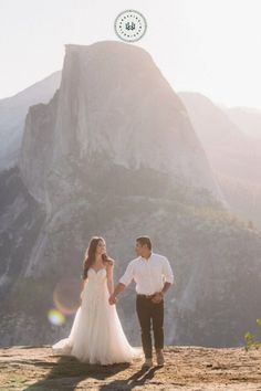 This couple exchanged vows at sunrise at Half Dome with epic views as their backdrop. Photos around Glacier Point made this elopement simply magical. Photo by Alyssa Michele Photo. Mountain Engagement Photos