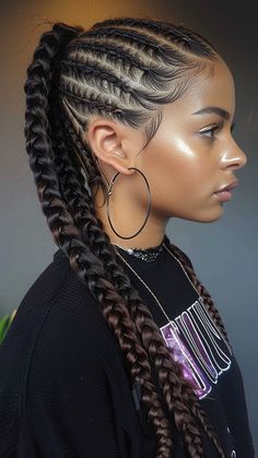 25 Long-Lasting Hairstyles for Any Hair Texture Cornrows With Small Braids In Between, Different Hair Braids Styles, Half Braids Ponytail, Braided Cornrow Ponytail Hairstyles Black Women, Box Braids With Cornrows, Womens Cornrows, Hair Styles For African Women, Woman Cornrows, Black Woman With Cornrows