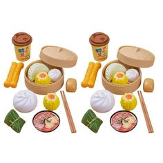 an assortment of food items including chopsticks, saucers and bowls on a white background