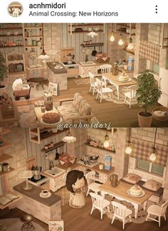 two pictures of the same kitchen and dining room in an animated style, each with different furniture