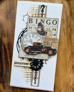 a card with an old car on it