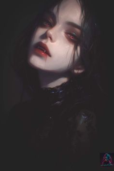 a woman with dark hair and red eyes