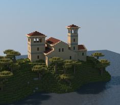 an island with two towers on top of it