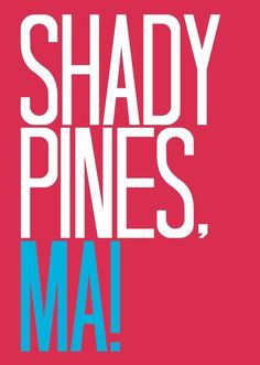 the words shady pines, ma on a red background with blue and white letters that spell out