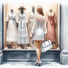 a painting of a woman looking at dresses on mannequins in a store window