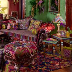 a living room filled with lots of colorful furniture