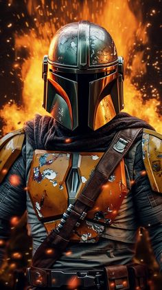 the star wars character boba fett is shown in front of fire and sparks