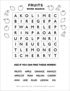 the word search for fruits is shown in this printable puzzle game, which includes words and