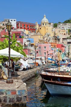 the boats are docked in the harbor next to the buildings on the hill behind them