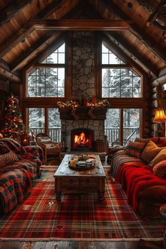 a living room filled with furniture and a fire place in the middle of a room