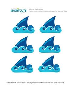 the shark fin stickers are blue and have white waves on each side, as well as