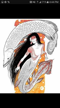 a drawing of a woman with long hair and fish on her back, holding an umbrella over her head