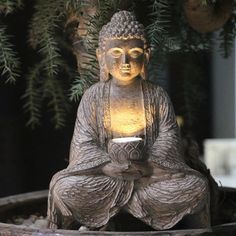 a buddha statue sitting on top of a potted plant