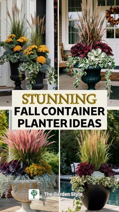 several different types of flowers and plants in vases with the words stunning fall container planter ideas