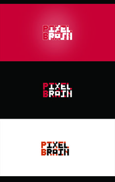 the logo for pixel brain is shown in three different colors and font styles, including red, black, and white