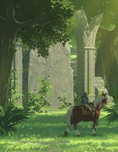 a man riding on the back of a horse through a lush green forest