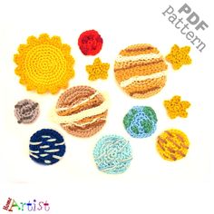 crocheted planets and sunflowers are shown in different colors on a white background