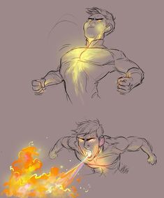 two different poses of a man with fire coming out of his chest and the other side