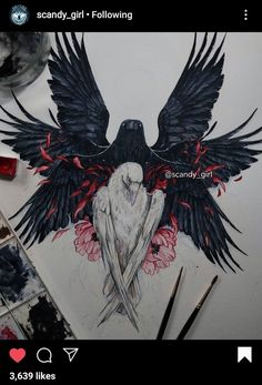 a drawing of a black bird with red flowers on it