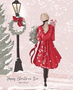 a woman in a red dress is standing next to a christmas wreath and a lamp post