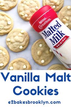 vanilla malt cookies with white chocolate chips in the background and text overlay that reads vanilla malt cookies