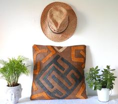 a hat is hanging on the wall next to a decorative pillow and potted plant