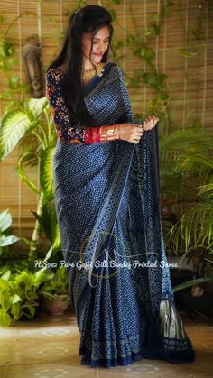 Pure gajji silk bandej printed sarees with khaddi zari palla with bandej printed blouse *Sheen, Smooth and Flowing fabric* #dfeminineshoppeestore DM for orders!!!!!!!. Dr Neeta sharma -8827366281 Indigo Chanderi Saree Traditional Wear, Blue Silk Saree For Puja, Blue Raw Silk Saree For Puja, Blue Jamawar Saree, Indigo Chanderi Saree, Indian Aesthetic