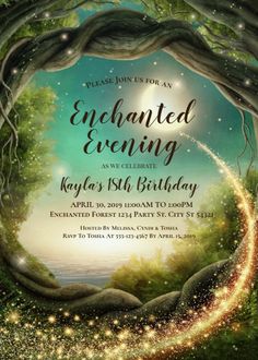 an elegant evening birthday party with trees and stars in the sky, surrounded by sparkles