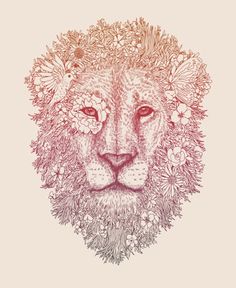 a drawing of a lion with flowers on it's head, in pink and orange