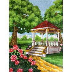 a painting of a gazebo in the park with flowers and trees on it's side