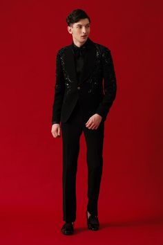 Black tuxedo featuring metallic bloom encrusted embroidery and a shawl lapel collar. Paired with a black cotton shirt, black trouser, bow, and waist band., Fit: Relaxed Tuxedo Embroidery, Encrusted Embroidery, Black Tuxedo, Tuxedos, Black Metallic, Lapel Collar, Aza Fashion, Full Sleeve, Waist Band